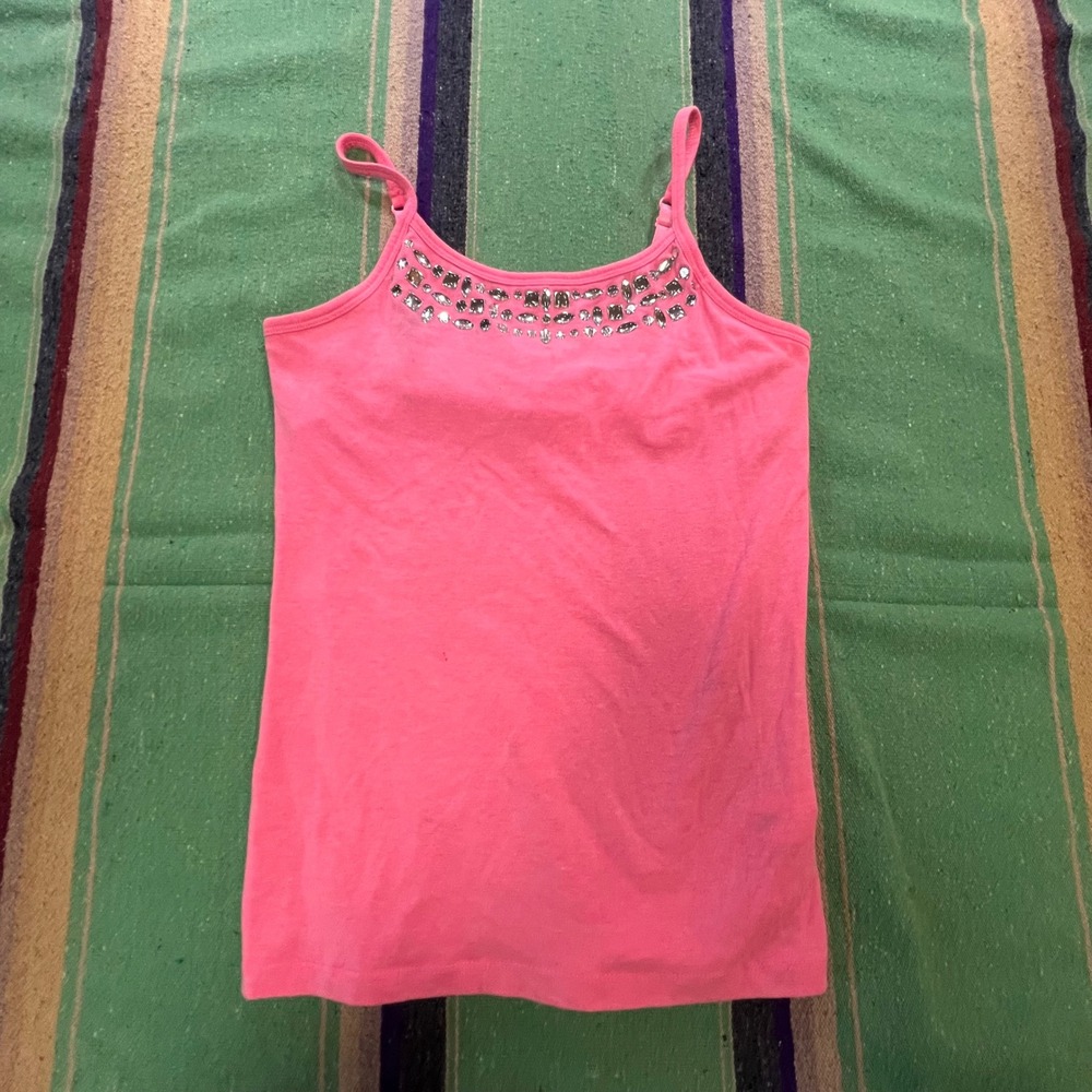 SO Cami Tank Top Girls L 14 Pink Rhinestone Built-in Bra Adjustable Strap Y2K